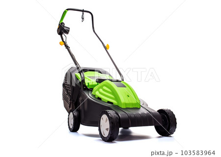 Garden electric lawn mower with a grass collector isolated on white background Garden electric lawn mower with a grass collector isolated on white background 103583964