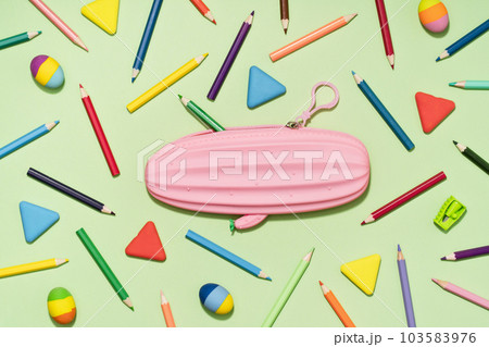 Pink cactus pencil case in centre with Colored Pencils and rubber erasers background pattern on light green. Back to School or drawing and creativity concept. Copy space in center. Top view Pink cactus pencil case in centre with Colored Pencils and rubber erasers background pattern on light green. Back to School or drawing and creativity concept. Copy space in center. Top view 103583976