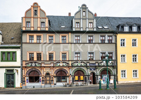 Historic Theater Im Gewolbe building on the market square of Weimar, Germany 103584209