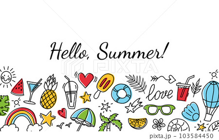 Hello summer banner. Summer color doodles icon set Hello summer banner. Summer color doodles icon set 103584450