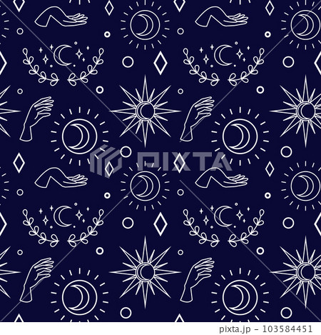 Vector magic seamless pattern with sun, moon, branch and stars on dark blue background. 103584451