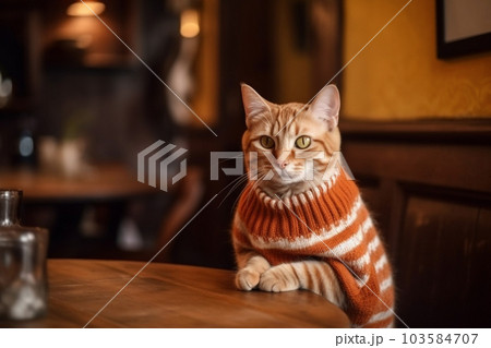 Ginger cute kitten in chunky knit hat in pub. Generative AI 103584707