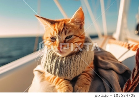 Ginger kitten sitting on yacht board. Generative AI Ginger kitten sitting on yacht board. Generative AI 103584708