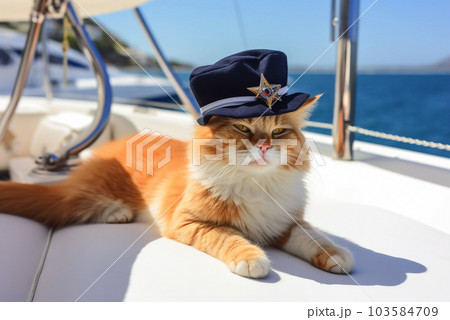 Ginger kitten in capitan hat sitting on a yacht. Generative AI 103584709