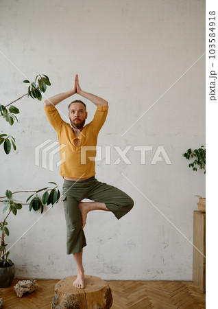 Strong yogi man balancing on wooden stump in tree yoga pose Vrikshasana 103584918
