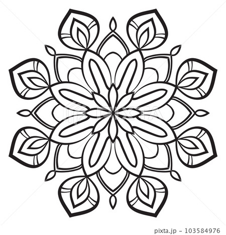 Black outline flower mandala. Doodle round decorative element for coloring book isolated on white background. Floral geometric circle. 103584976