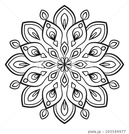Black outline flower mandala. Doodle round decorative element for coloring book isolated on white background. Floral geometric circle. Black outline flower mandala. Doodle round decorative element for coloring book isolated on white background. Floral geometric circle. 103584977