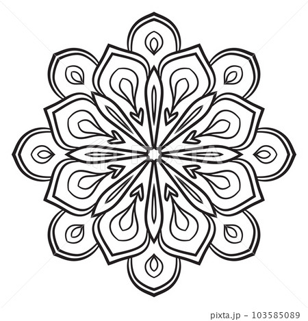 Black outline flower mandala. Doodle round decorative element for coloring book isolated on white background. Floral geometric circle. 103585089