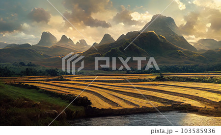 Whispering valley. Where green mountains, meadows, river, and mist create a harmonious tapestry. AI-generated Whispering valley. Where green mountains, meadows, river, and mist create a harmonious tapestry. AI-generated 103585936