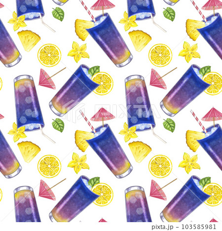 Seamless pattern blue purple beach cocktail with carambola, pineapple, lemon. Summer tropical drink. Party time. Hand-drawn watercolor illustration on white background. For cafe restaurant bar menu 103585981