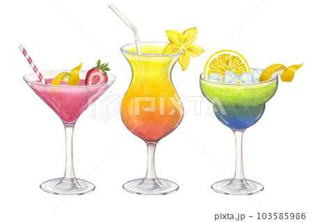 Beach cocktail pink orange green. Summer tropical drink. Party time. Hand-drawn watercolor illustration on white background. For cafe restaurant bar menu Beach cocktail pink orange green. Summer tropical drink. Party time. Hand-drawn watercolor illustration on white background. For cafe restaurant bar menu 103585986