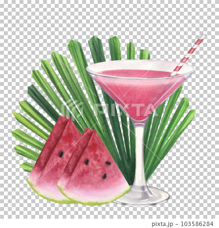 Pink beach cocktail with watermelon, Licuala palm leaf. Summer tropical drink. Party time. Hand-drawn watercolor illustration on white background. For cafe restaurant bar menu 103586284