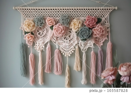 DIY crochet wall hanging with flowers, pastel colors. Boho style colorful interior decor. Generative AI 103587828