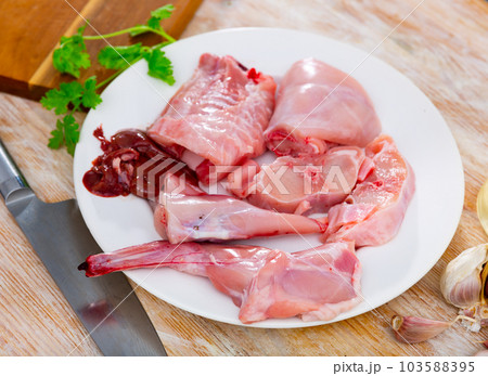 Chopped rabbit with garlic and spices on white plate with knife Chopped rabbit with garlic and spices on white plate with knife 103588395