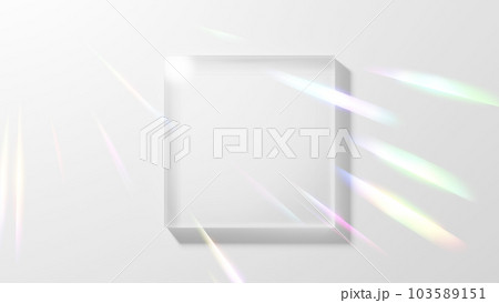 白背景に四角形の透明なガラス。光線。俯瞰。(横長) 白背景に四角形の透明なガラス。光線。俯瞰。(横長) 103589151