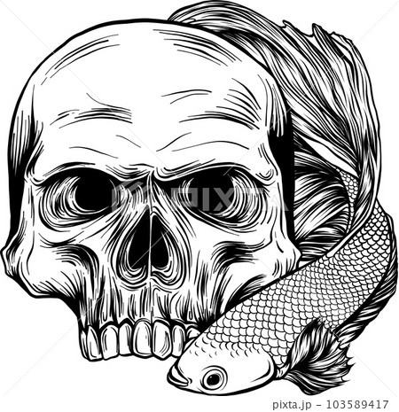betta fish around human skull. vector...のイラスト素材 [103589417] - PIXTA