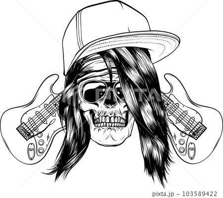 skull with hat and trendy hairstyle and crossed electric guitars in vintage monochrome style isolated vector illustration skull with hat and trendy hairstyle and crossed electric guitars in vintage monochrome style isolated vector illustration 103589422