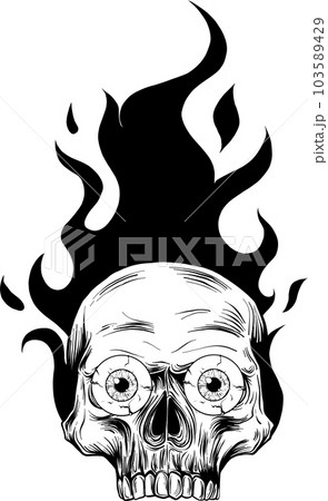 Monochrome Skull on Fire with Flames Vector Illustration. black and white digital draw 103589429