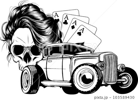 Vector illustration of Monochrome skull with hot rod and poker aces on white background Vector illustration of Monochrome skull with hot rod and poker aces on white background 103589430