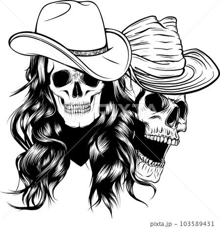 vector illustration of couple Skulls cowboy monochrome on white background 103589431