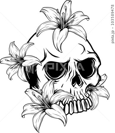 monochrome Leaning Skull Flowers Illustration. vector on white background 103589478