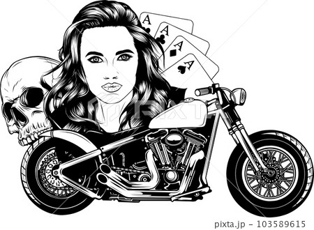head girl on motorcycle with skull and poker aces monochrome vintage illustration on white background. 103589615