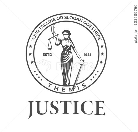 Vintage retro Goddess with sword of justice and weights in her hands. Stamp vector emblem Vintage retro Goddess with sword of justice and weights in her hands. Stamp vector emblem 103589766