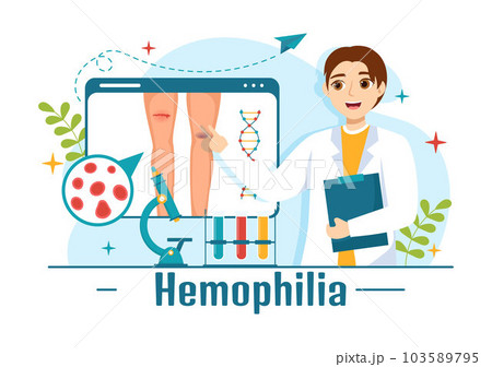Hemophilia Vector Illustration with Doctor Examining Injured Knee or Joint and Blood Disorders in Healthcare Flat Cartoon Hand Drawn Templates 103589795