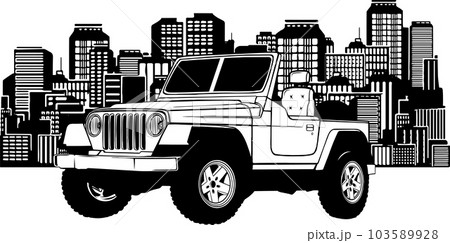 Monochrome of a jeep in front of a big city silhouette, flat style illustration 103589928