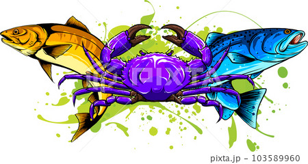 vector Salmon fish and crab. Hand drawn illustration. 103589960
