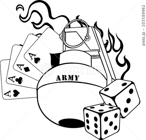 vector illustration of hand grenade with dicve and poker cards 103589962