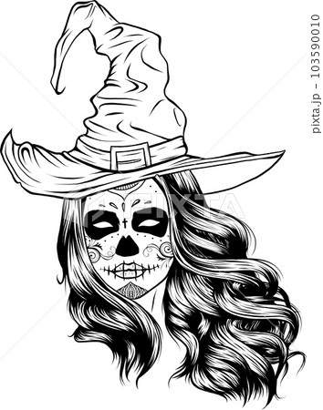 vector illustration of monochrome beautiful makeup skull witch in a classic hat 103590010
