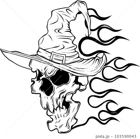 Monochrome skull with witch hat on flames vector illustration 103590043