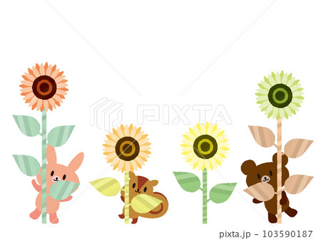 ひまわりと動物のイラスト アート作品 レトロなひまわりと動物たちフレーム・背景のイラスト素材 [103590187