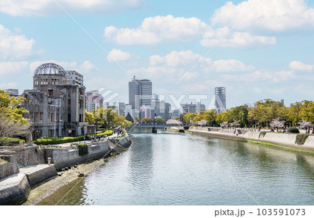 広島県広島市　桜が満開の広島平和記念公園と原爆ドーム 103591073