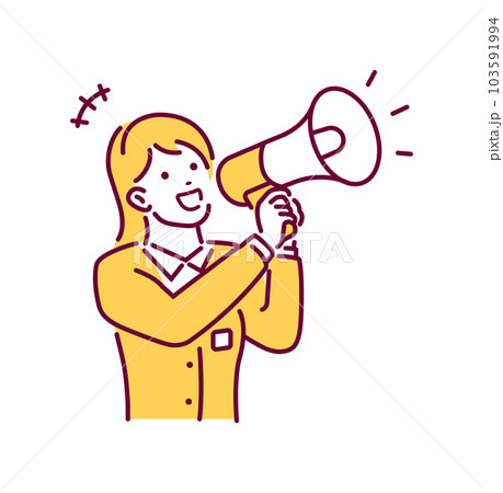メガホンを使って声を出す 若い日本人女性会社員 イラスト (上半身) メガホンを使って声を出す 若い日本人女性会社員 イラスト (上半身) 103591994