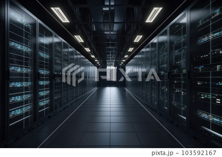 Long hallway filled with neatly arranged server racks in a modern data center. The high-tech infrastructure ensures fast and reliable data processing. Is AI Generative. 103592167