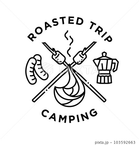 roasted camping trip poster design vintage monoline vector illustration 103592663