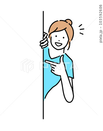 後ろから(横から)顔を出す 若い女性(私服) 上半身 ベクター イラスト / 指差し・紹介 103592686