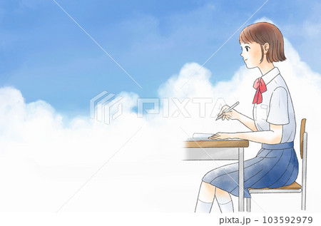 勉強している学生のイラスト（水彩タッチ）入道雲の背景 103592979