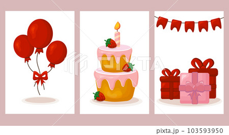 Set of birthday cards. Collection with balloons, gifts, cake and garland flag. Happy birthday party. Vector greeting card. 103593950