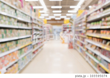 Abstract blur supermarket aisle with product on shelves defocused background Abstract blur supermarket aisle with product on shelves defocused background 103595074