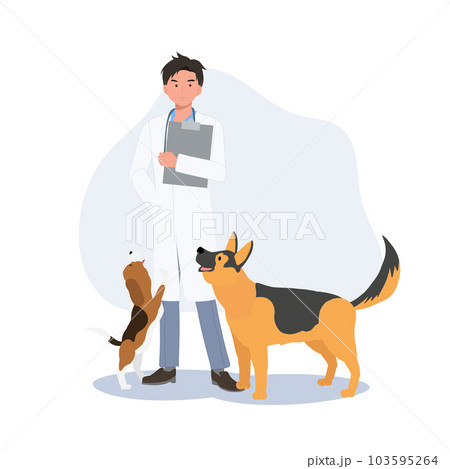 Full length of male Veterinarian with dogs. Profession veterinarian. man vet with dogs. Flat vector cartoon illustration 103595264