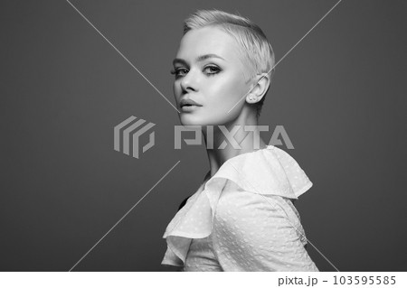 black and white portrait of Short Hair Beautiful young woman black and white portrait of Short Hair Beautiful young woman 103595585