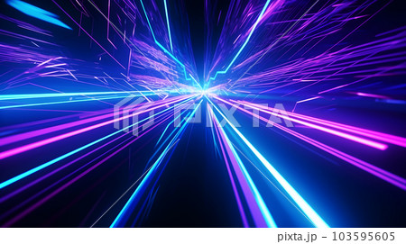 Blue pink and purple neon glow laser beam light lines moving fast,digital, high speed internet, cyberpunk, techonogy backdrop. futuristic abstract background. Generative AI 103595605
