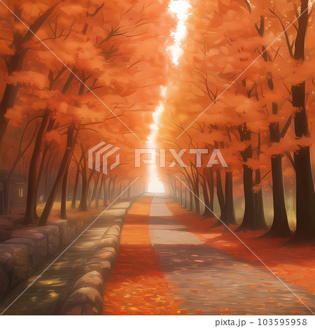 紅葉の木がまっすぐ道なりに並んでいる所を見た風景 紅葉の木がまっすぐ道なりに並んでいる所を見た風景 103595958