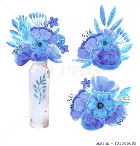 Hand drawn watercolor blue flowers and leaves bouquet in a vase. Isolated on white. Can be used for cards, patterns, invitations, label. 103596689