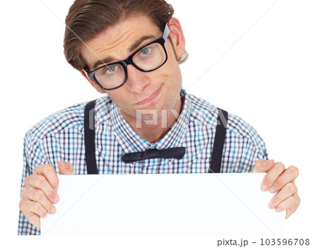 Portrait, sad and man with board for mockup in studio isolated on a white background. Poster, depressed and male person, nerd or geek with copy space banner for advertising, marketing and promotion. 103596708