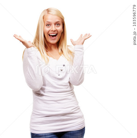 Excited, portrait and woman shock with good news announcement and surprise in a studio. Casual fashion, female person face and model with happiness and smile feeling wow and stylish with mockup 103596779