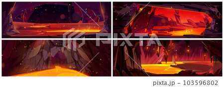 Volcano lava hell rock cave view fantasy game set 103596802